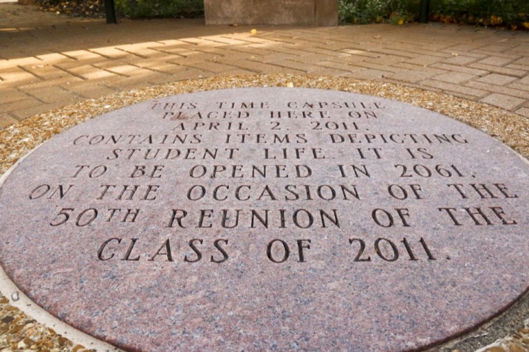A time capsule, placed on April 2, 2011, sits on the South 40 between Umrath and South 40 House. It will be opened again in 2061 at the 50th reunion of the Class of 2011.