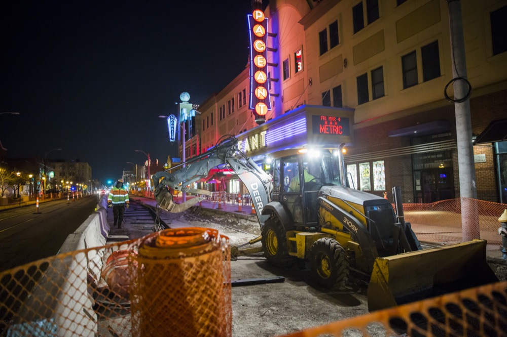 Construction continues for the Loop Trolley outside of the Pageant on the Delmar Loop. Small business owners have struggled to keep doors open since the construction began last summer.