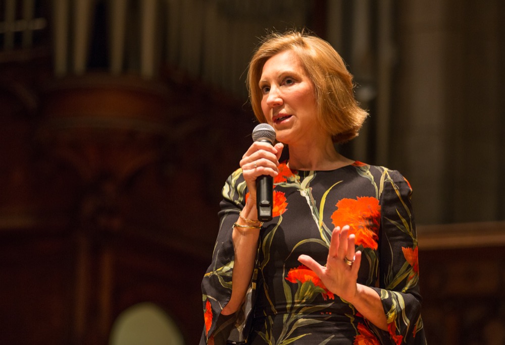 Former CEO and Chairman of Hewlett-Packard (HP) and 2016 Republican primary candidate Carly Fiorina speaks about leadership to students in Graham Chapel on Tuesday, January 29th. 