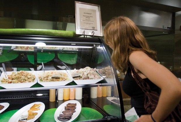 Freshman Melanie Driscoll contemplates the vegetarian options at Bear’s Bakery & Grill. While she is not actually a vegetarian, Driscoll said she enjoys the shorter lines for vegetarian food. (Kim Jones | Student Life)