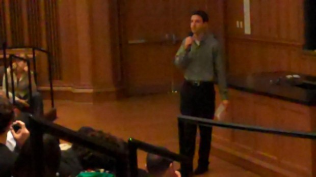 Senior Class President Fernando Cutz speaks at a town hall forum on the Mother's Bar incident. (Sam Guzik | Student Life)