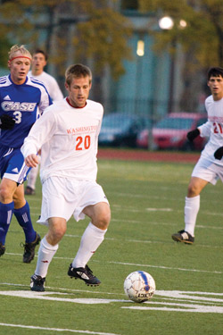 Senior forward John Hengel controls the ball in a 2-0 victory against Case Western Reserve on Friday, Oct. 16. Hengel is the leading goal-scorer for the Bears with six goals this season. (Daniel Eicholtz | Student Life)