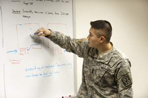Senior Brian Lee instructs other cadets on the proper way to clear a room. (Matt Mitgang | Student Life)