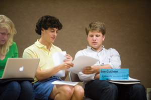 Former art school senator Ben Guthorn, seen here on the right during the confirmation hearing for Student Union Vice President of Public Relations Morgan DeBaun, is the latest Student Union Senator to resign. Since the end of the spring semester last year, seven members of the Student Union Senate have resigned. (Matt Mitgang | Student Life)