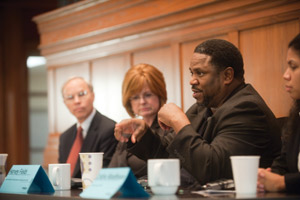 Associate Director of Cornerstone Harvey Fields speaks at Thursday’s discussion about socioeconomic diversity. (Matt Mitgang | Student Life)
