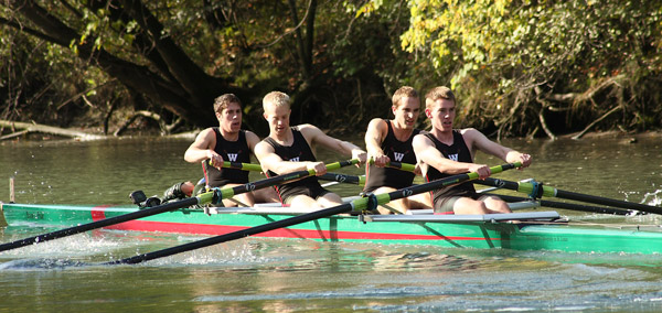 From left to right: Junior Andrew Warshauer, junior Stephen Washburn, senior Kirk Altman and junior Connor Graham compete in the North Channel Challenge Regatta in Skokie, Ill. The Bears won the coxswained Men’s Varsity 4 Event and the overall regatta with the lowest overall time. Wash. U. also took first in the coxswained Men’s and Women’s Varsity 8 events. The crew team defeated the University of Illinois, University of Chicago, Northwestern, Augustana College, and North Point College. “It was a good sign for what we have coming up for the rest of the year,” Warshauer said. (Paul Goedeke | Student Life)