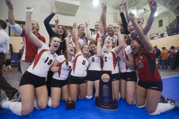 Washington University's volleyball team captured their tenth national championship title with a 3-1 win over No. 1 Juniata College. The Bears celebrate their win in  University Heights, Ohio. (Matt Mitgang | Student Life)