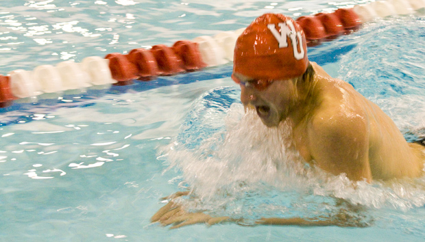 Senior Alex Beyer competes in the 200 breaststroke. Beyer took first in this event, the 400 IM and was part of the first place 400 freestyle relay team. The men defeated DePauw 151-147. (Jared Bullock | Student Life)