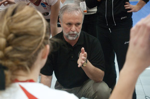 Head Coach Rich Luenemann speaks to the volleyball team at the 2009 NCAA Division III National Championship against Juniata College on Nov. 27. Luenemann received AVCA Coach of the Year honors for the third time in his career as the Bears captured their 10th national title. (Matt Mitgang | Student Life)