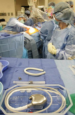 A left ventricular assist device (LVAD) rests in its case before assembly prior to the surgery at Barnes-Jewish Hospital, Feb. 9, 2009, in St. Louis. For the first time, Barnes-Jewish Hospital performed more artificial heart surgeries than heart transplants last year. (Laurie Skrivan | St. Louis Post-Dispatch | MCT Campus)