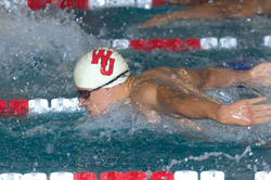 Senior Dan Arteaga swims the butterfly at a meet. Arteaga is one of Student Life’s Athletes of the Week. (Courtesy Of Wash U Sports Information)