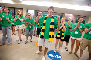 WUSAonline Lee Beau WUSA Jose Antonio Sanchez gets excited as the incoming freshman class enters the Athlectic Center for convocation. WUSA applications are due this week. (Matt Mitgang | Office of Orientation)