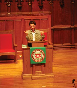 Jonathan Safran Foer speaks at Graham Chapel on Sept. 30. The lecture was co-sponsored by Mortar Board Senior Honor Society, University Libraries and the Wash. U. bookstore. An accompanying raffle raised money for books for St. Louis Public Schools.