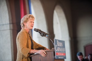 Missouri Secretary of State Robin Carnahan addresses supporters at the World’s Fair Pavillion in Forest Park on Oct. 31. Carnahan, a Democrat, is vying for the United States Senate seat against Congressman Roy Blunt.