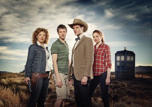 Alex Kingston (River Song, from left), Arthur Darvill (Rory Williams), Matt Smith (The Doctor) and Karen Gillam (Amy Pond) star in the new season of the BBC’s “Doctor Who” starting April 23, 2010.