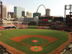 Visitors who pay for a tour of Busch stadium can enter the radio broadcast room, which offers a view of the St. Louis skyline (shown). Other tour highlights include going into the Champions Club and the dugout.