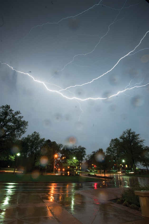 Lightning branches across the sky outside of the Danforth University Center on Tuesday evening. The storm was part of a large system that spawned tornados across the Midwest.