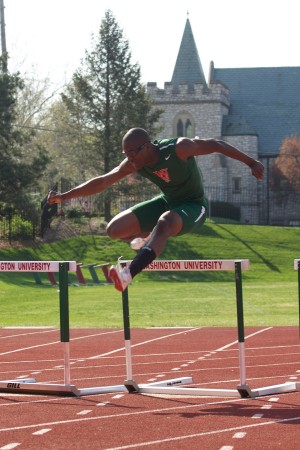 Junior Tyler Jackson competes in the men’s 400-meter hurdles. Jackson finished second in the event on Saturday, with an NCAA provisional qualifying time of 14.61 seconds, as the men’s team took second in the meet.