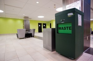 A newly installed trash compacter sits idly in Lopata Gallery. The machines were installed in the Gallery and Whispers this week.