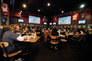 People gather at a Buffalo Wild Wings in Irvine, CA for a BarCraft event.