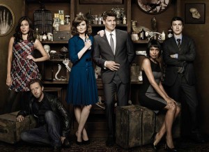 The Bones cast returns in the season seven premiere, airing Thursday, Nov. 3, at 8 p.m. on FOX. Pictured above, from left to right: Michaela Conlin, T.J. Thyne, Emily Deschanel, David Boreanaz, Tamara Taylor and John Francis Daley.