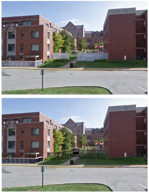 Above: the existing fence around Millbrook Apartments. Below: a rendering of a plan for a new fence to include a gate, accesible only with a University ID.Renderings of the proposed North Side gate, facing south at Millbrook 1 and 4.