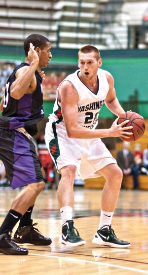 Senior Dylan Richter tries to get past a defender in the opening round of the Lopata Classic on Friday night against Whittier College. Richter was the tournament MVP. 
