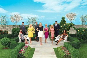 Left to right: ABC’s “GCB” stars Miriam Shor as Cricket Caruth-Reilly, Mark Deklin as Blake Reilly, Jennifer Aspen as Sharon Peacham, Brad Beyer as Zack Peacham, Leslie Bibb as Amanda Vaughn, Annie Potts as Gigi Stopper, Kristin Chenoweth as Carlene Cockburn, David James Elliott as Ripp Cockburn and Marisol Nichols as Heather Cruz. 