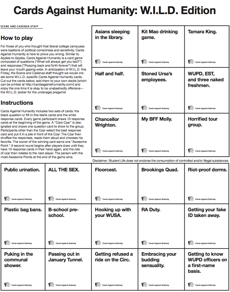 Cards Against Humanity Wash U Edition Student Life
