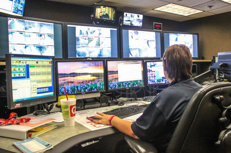 A dispatcher at WUPD receives an emergency call on Friday night. The Emergency Support Team and WUPD assess each situation and inform any necessary parties from the dispatch room. Officers in the dispatch room are connected to hundreds of cameras around campus as well as local and national television.