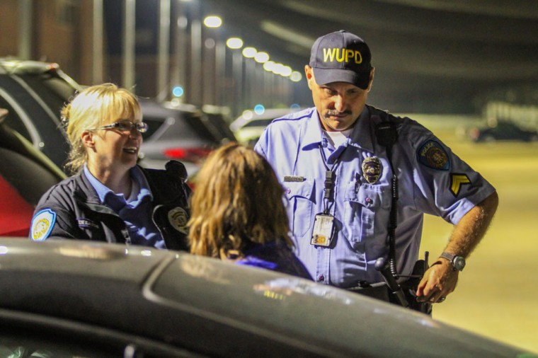 Two WUPD officers talk with an intoxicated person who is not a Washington University student to assess her mental and physical capabilities. A Wash. U. student accompanying her explained what her friend had drank that night. The officers were able to stabilize the student and gave instructions to a sober contact to stay with her for the rest of the night.