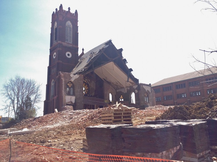 A Gothic Revival church in the Hyde Park neighborhood in North St. Louis stands derelict last April. The building’s remains were demolished in early August, with the church serving as one of a number of buildings in the area covered on the St. Louis Patina blog.