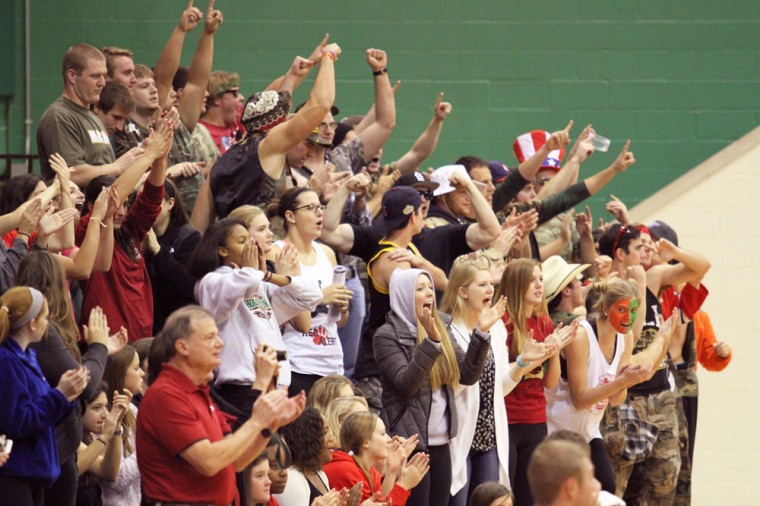 Washington University fans cheer on the women's volleyball team as it plays Emory University in the NCAA third round. With a listed turnout of 582, Sunday's game was the Bears' highest-attended match of the season.