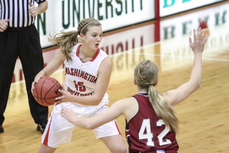 Senior guard Alyssa Johanson prepares to make a pass against a Rose-Hulman Institute of Technology defender on Friday. Johanson scored 10 points and had 7 rebounds in the Bears’ 59-35 win in the first round of the McWilliams Classic.