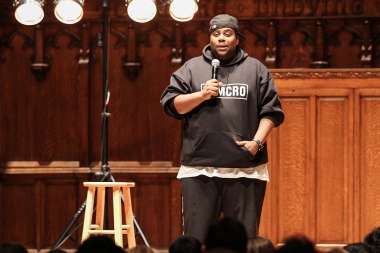  Comedian Kenan Thompson answers a question at the fall comedy event. Thompson shared stories of his acting career in addition to touching on heavier topics such as Ferguson. 