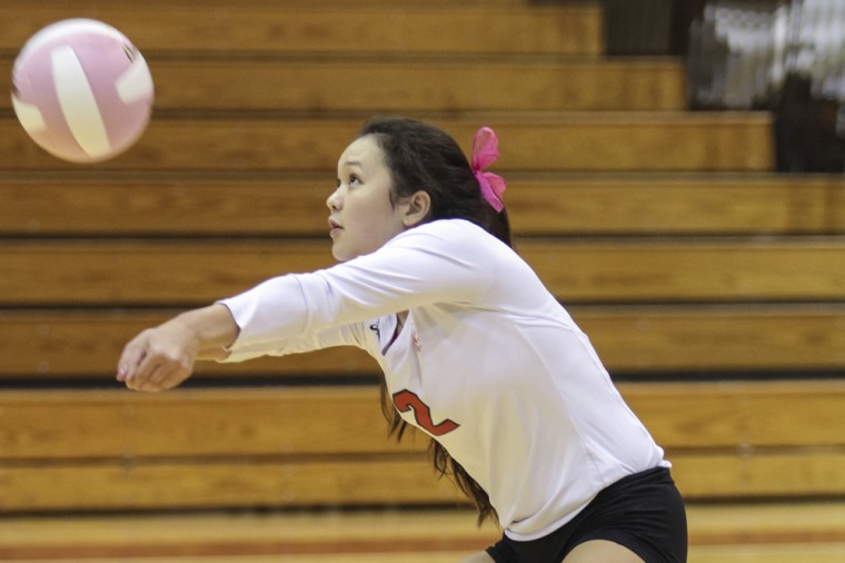 Sophomore Kalehua Katagiri makes a dig against Transylvania University on Oct. 31.  The Bears will play Bluffton on Friday night. 