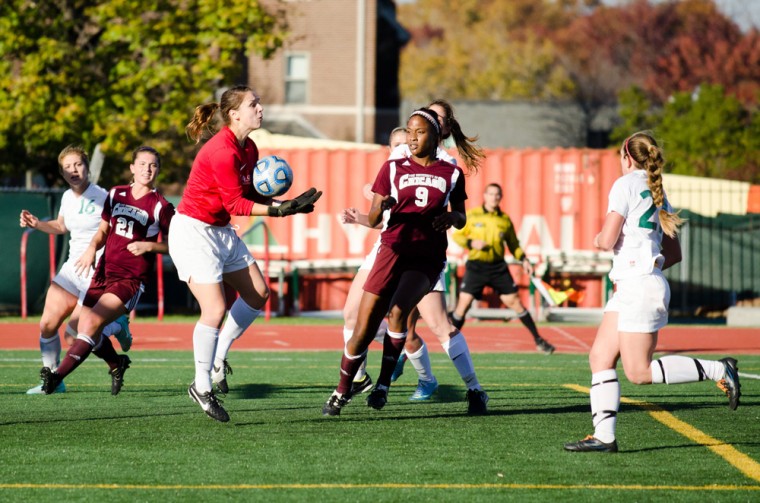 Junior goalkeeper Amy French makes one of her six saves in a shutout win over the University of Chicago on Nov. 8. Sophomore forward Katie Chandler scored the game’s only goal in the 48th minute to snap a losing streak and help the Bears earn a playoff berth. 