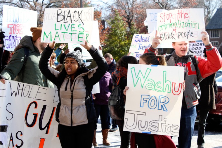 Around 70 students met outside Goldfarb Hall at 12:01 p.m. on Monday, the time Michael Brown died on August 9.