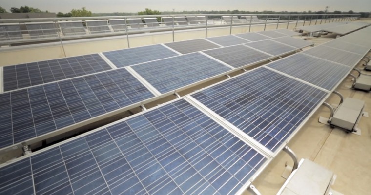 Solar panels sit on top of the Lofts of Washington University, which recently achieved LEED platnium status.  Features such as energy-efficient appliances and light-retaining shades helped the new buildings receive the prestegious label.