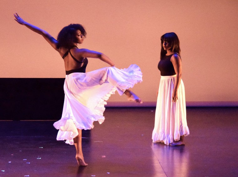 Two dancers perform on stage in Edison Theatre as part of the 2015 Black Anthology production. This year's Black Anthology had a particularly relevant bent for attending students as it focused on issues of diversity and racism on a fictionalized campus much like Wash. U.'s.
