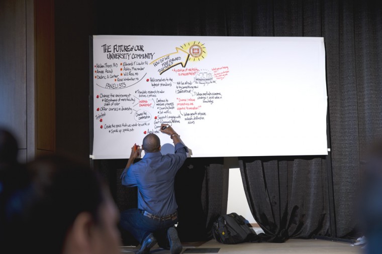Maketa Wilborn, a business management consultant, creates a visual representation of the important notes and quotes from the “The Future and our University Community” panel on Friday. The “Day of Discovery and Dialogue” started on Thursday night and extended through four panel discussions about issues of race and ethnicity the next day.