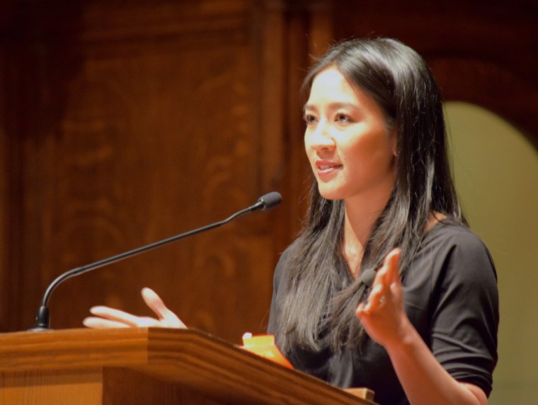 Michele Kwan, a former Olympic medalist in figure skating, speaks in Graham Chapel on Monday evening.  Her speech, which was part of the Speaker Series and kicked off Pan-Asia Week, covered her personal inspirations and career in ice skating.