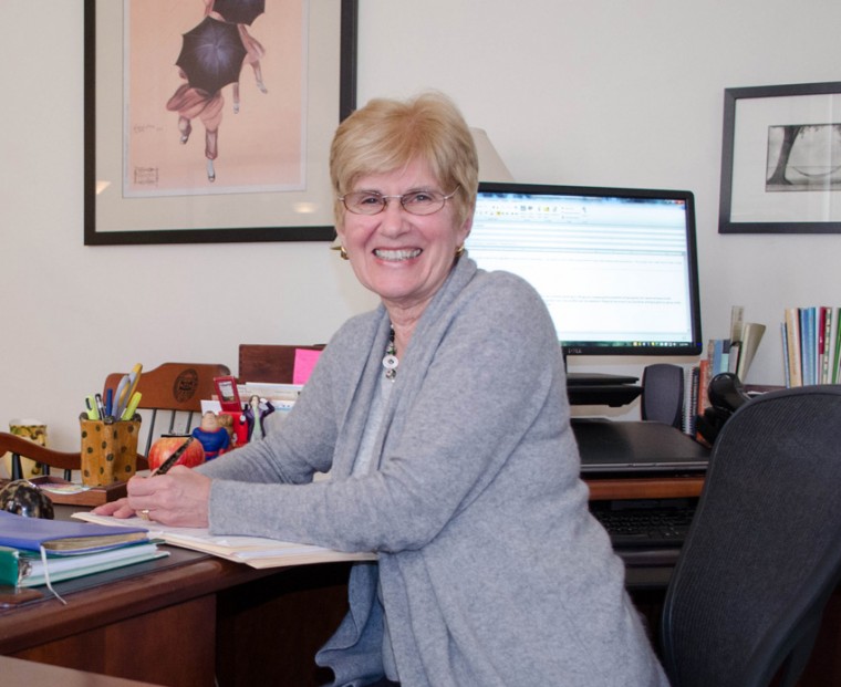 Dean Sharon Stahl, the vice chancellor for students, sits in her office in the Women’s Building during this year’s Ampersand Week. Stahl’s office features a series of photographs and desk decorations that are gifts from her current and former advisees.