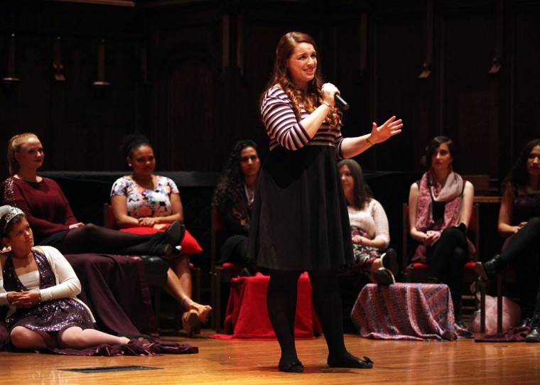 Junior Shana Zucker delivers her monologue, “The Vagina Workshop,” as part of the “Vagina Monologues” performance last weekend. The show focused on a variety of topics related to feminism, women’s health and sexual violence.