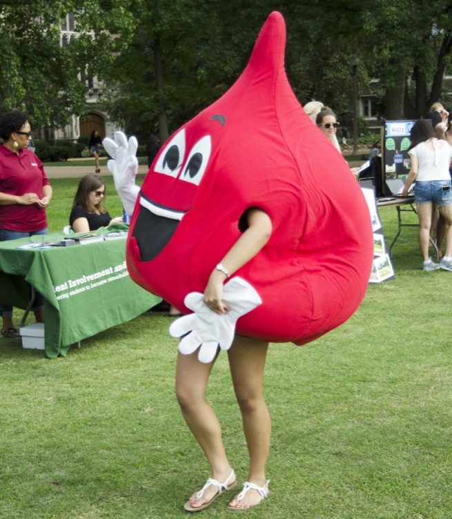 The blood drop costume made an appearance at this year's Activities Fair, which was held on August 28th at Mudd Field.