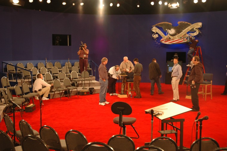 Technicians prepared for the 2004 debate at Washington University.