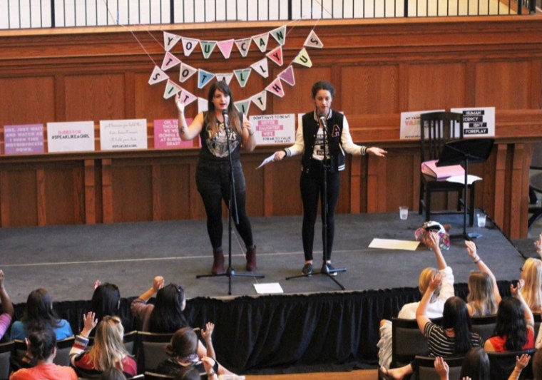 The Speak Like a Girl tour polls the audience gathered in the Danforth University Center about who has been catcalled in the past.  With an almost unanimous showing of hands, the question served to reveal an issue of gender inequality. 