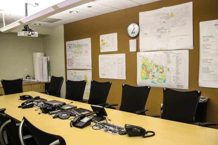 The WUPD building holds a emergency situation room for catastrophes ranging from natural disasters to potential active shooter situations. Maps of University properties and surrounding areas covered the wall for officers and administrative figures that may need to use the room.