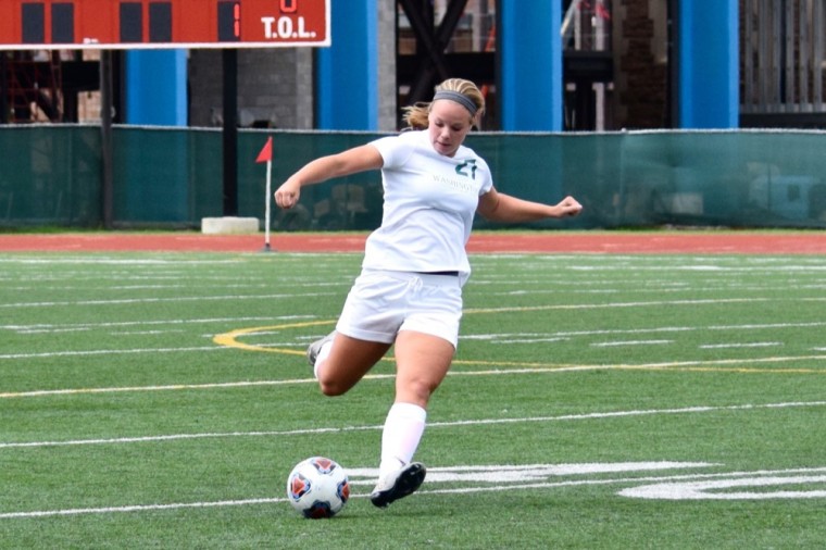 Sophomore forward Rachel Mickelson takes a shot on goal in the Bears’ game against Wartburg College on Sept. 11. Mickelson scored the only goal in this week’s game against Fontbonne University, leading the Bears to a 1-0 victory on Thursday.