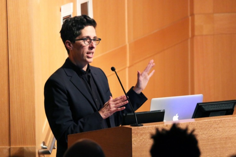 Alison Bechdel speaks in Whitaker Hall on Tuesday night as part of an event sponsored by the Department of English. Bechdel, a writer, comic and creator of the Bechdel test, reads from her nonfiction work.